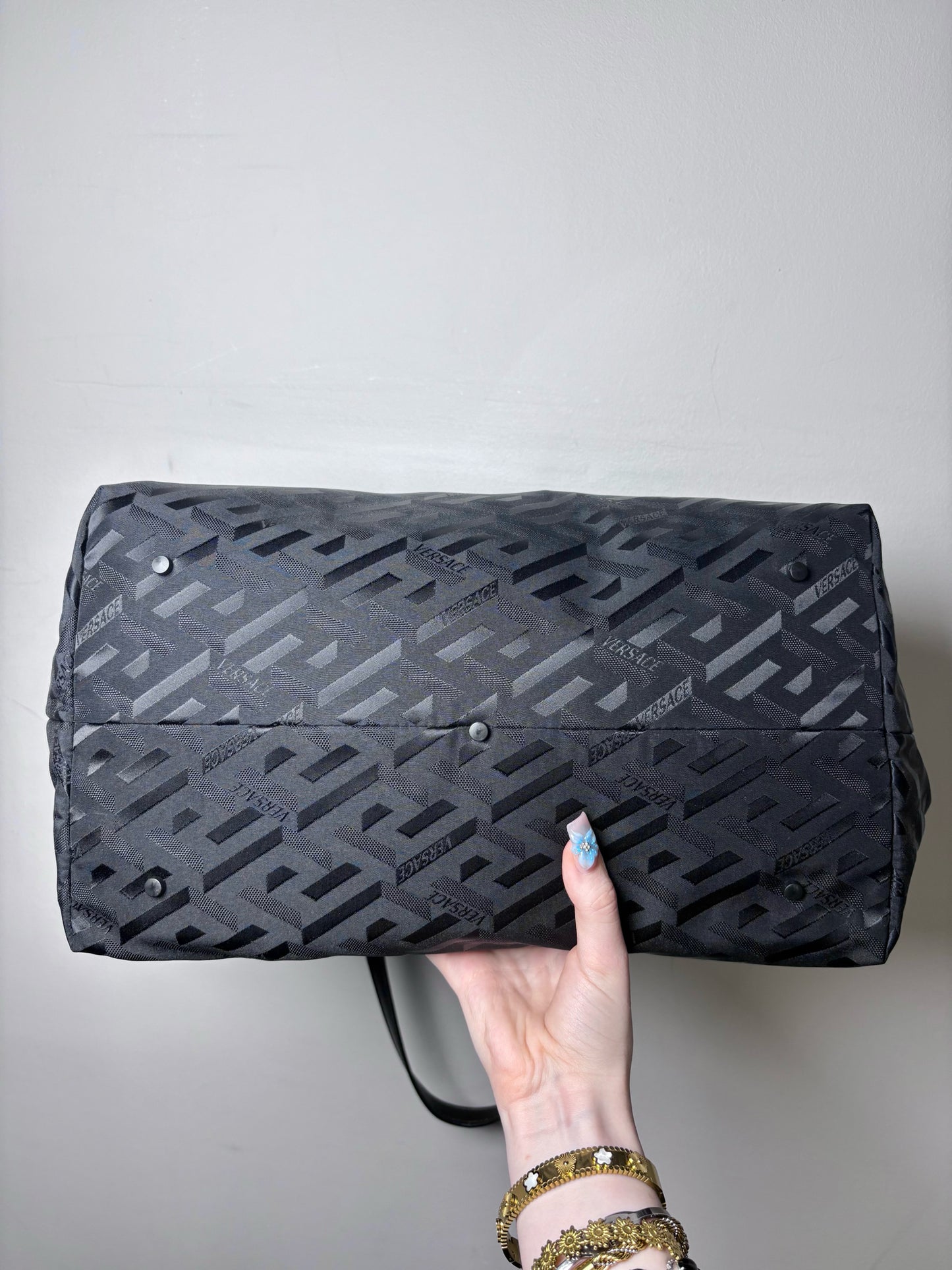 Versace Jacquard, Monogram Nylon Pre-owned Black Leather + Pouch Crossbody Tote