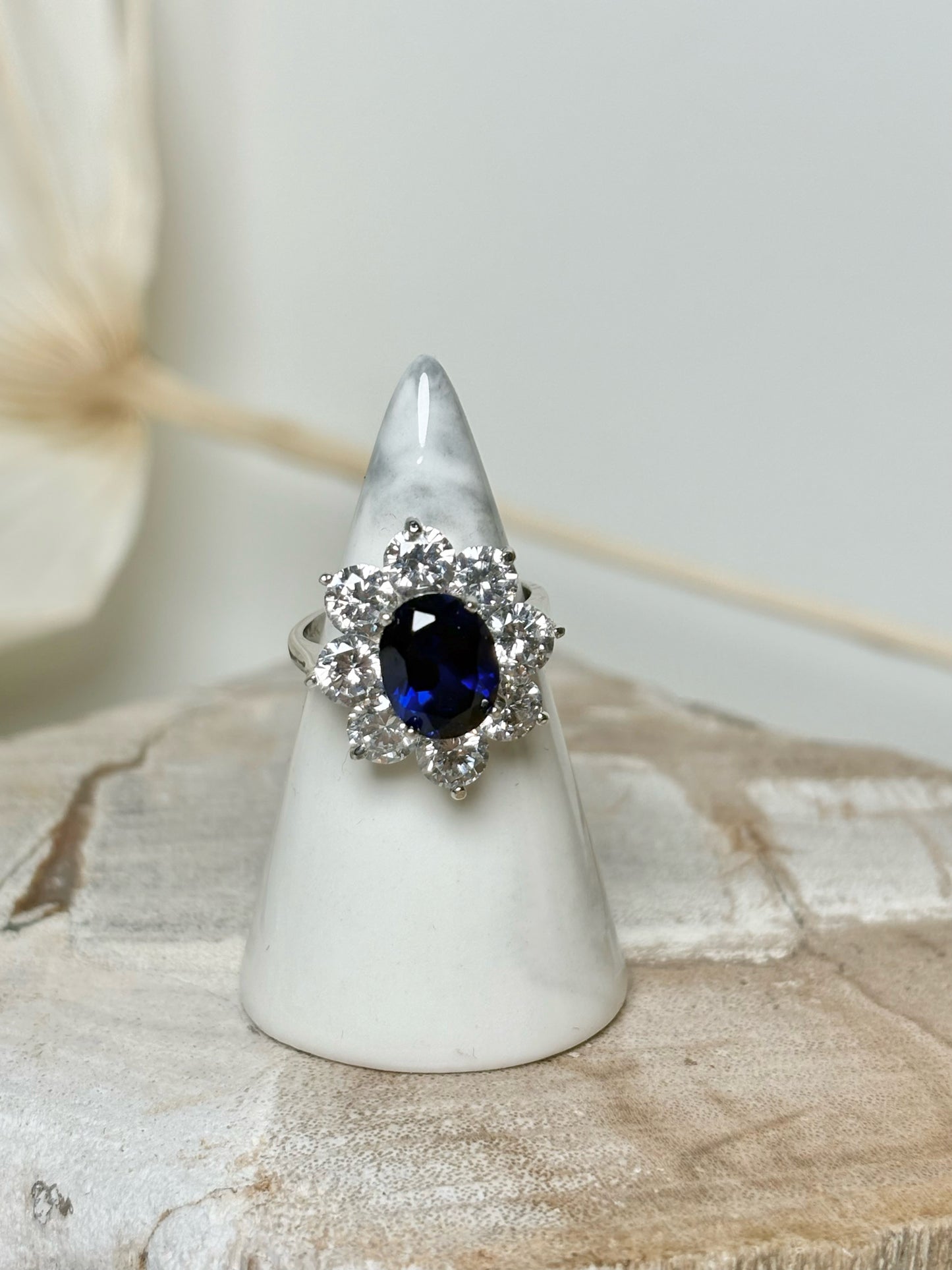 Sapphire 14K White Gold CZ Halo Sz 6 Princess Diana Inspired Ring
