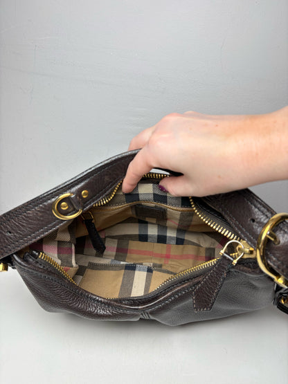 Women's Burberry Malika Vintage Dark Brown Leather Small Pre-Owned Hobo Shoulder Bag