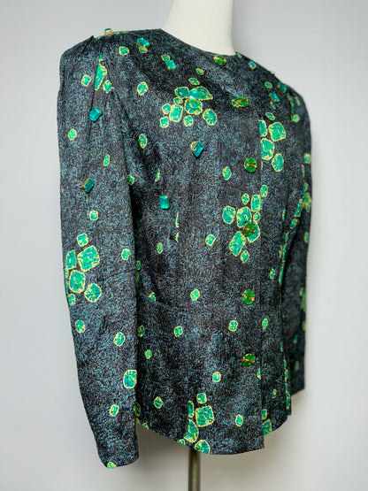 Women Size 16 (XL) Louis Feraud Green, Black Embellished Silk Blend Jacket