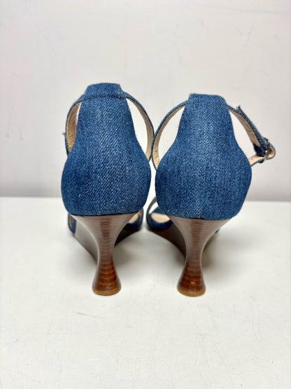 W Shoe Size 38 (8 US) Manolo Blahnik Wedge Heel Blue Cotton Pre-owned Sandals
