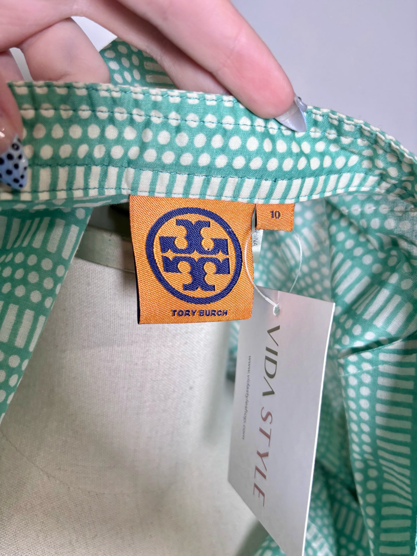 Women Size 10 Tory Burch Tunic Green, Cream Print Cotton Pre-owned Top