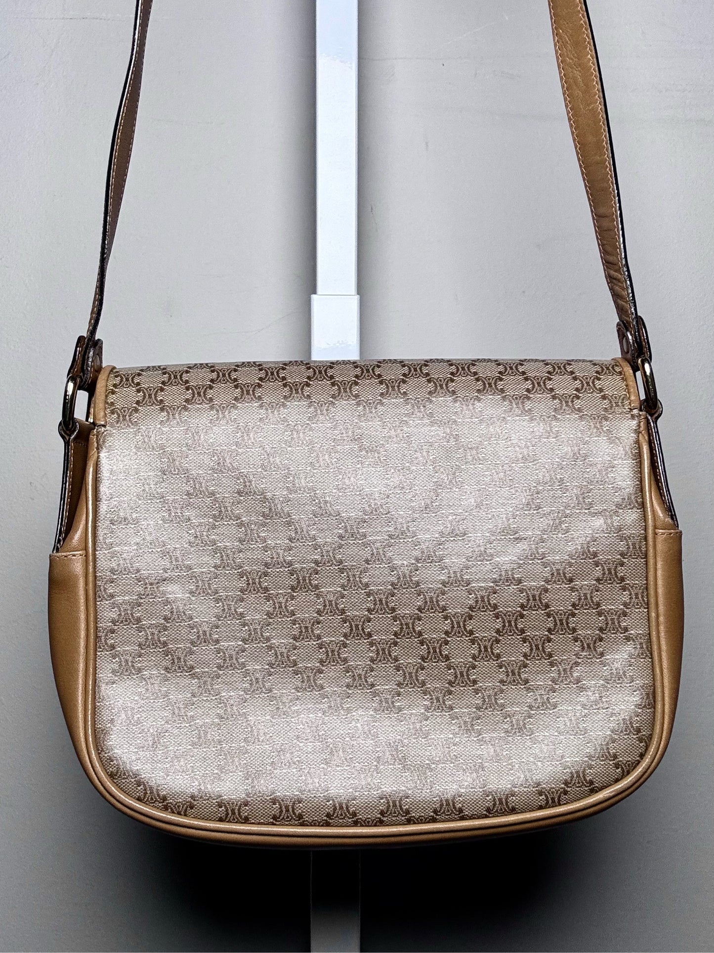 Celine Monogram Vintage Coated Canvas, Leather Pre-owned Beige Saddle Bag