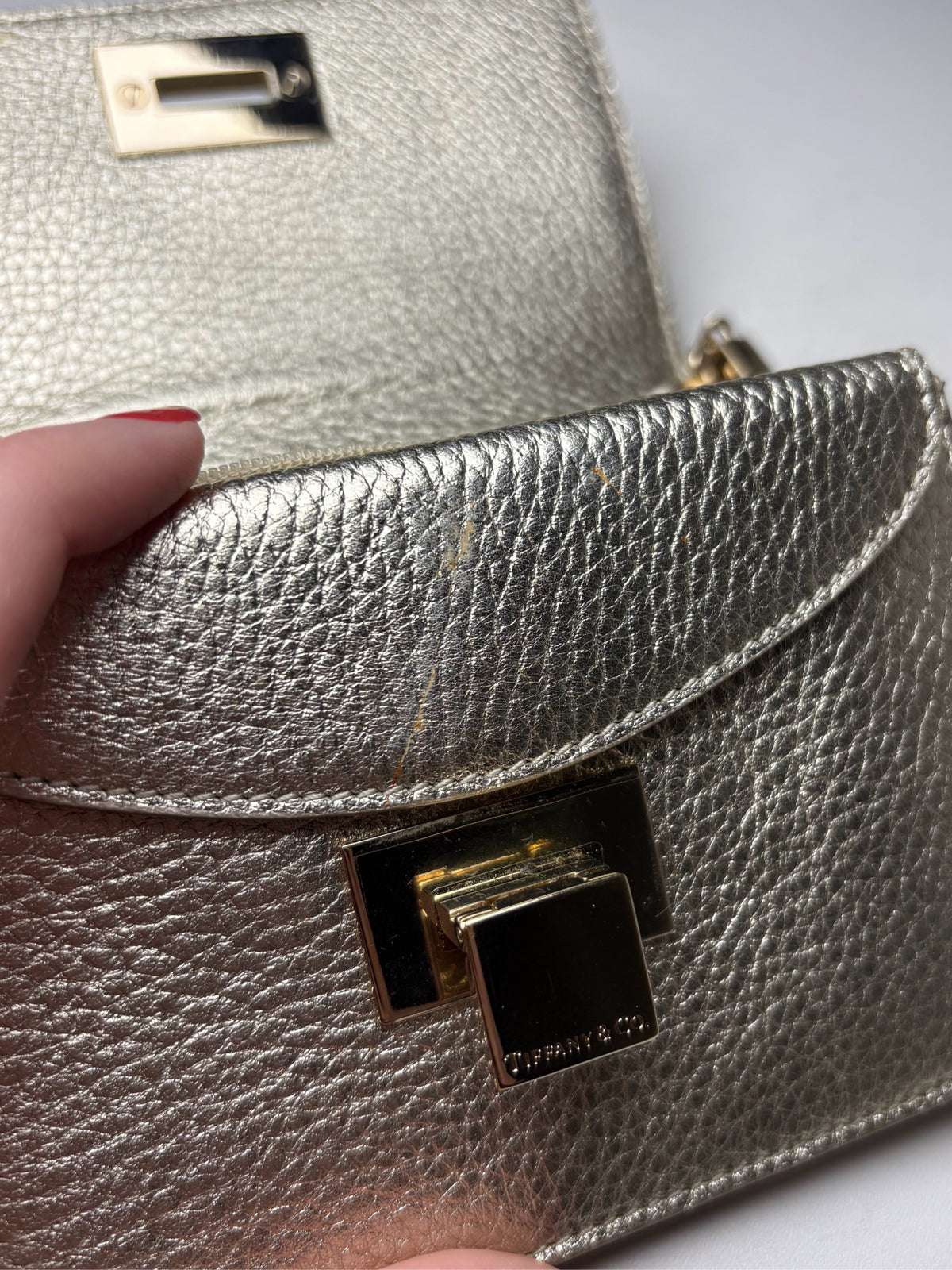 Women's Authentic Tiffany & Co. Metallic Gold Cowhide Leather Pre-Owned Small Crossbody Bag