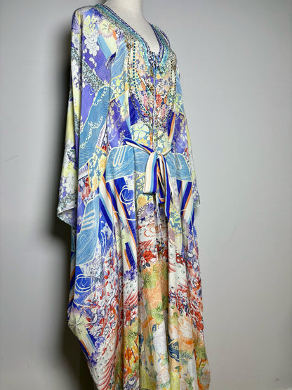 Women Size OS Camilla Floral Print Crystal Beads Silk Kaftan Pre-owned Dress