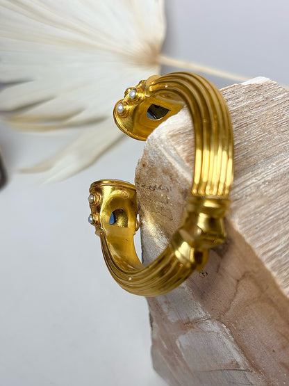 Gold Julie Vos 24K plated Cuff Blue Stone, Pearl Bracelet