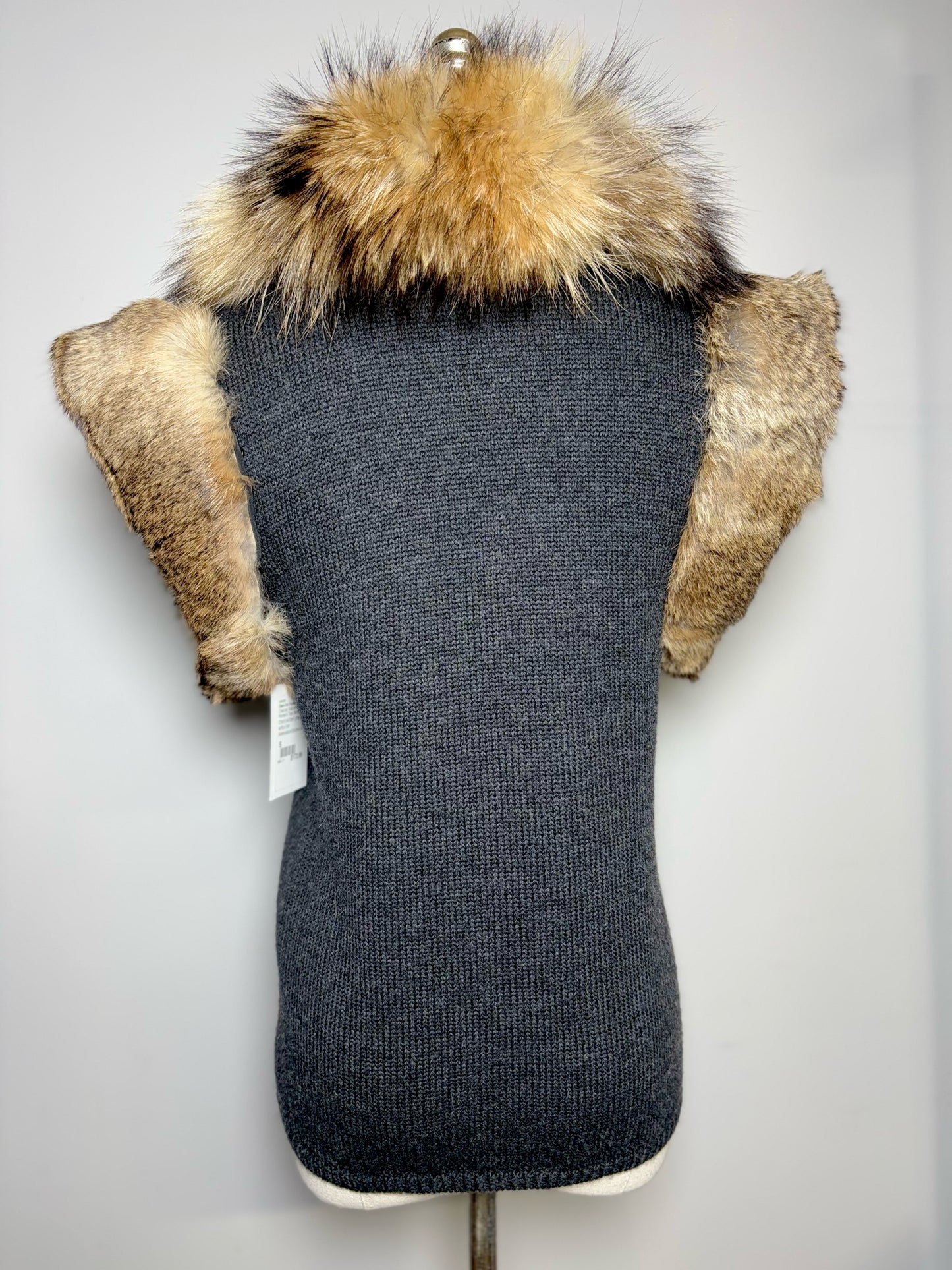 Women Size S Diane Von Furstenberg Charcoal Solid w/Fox Trim Wool Blend Sweater