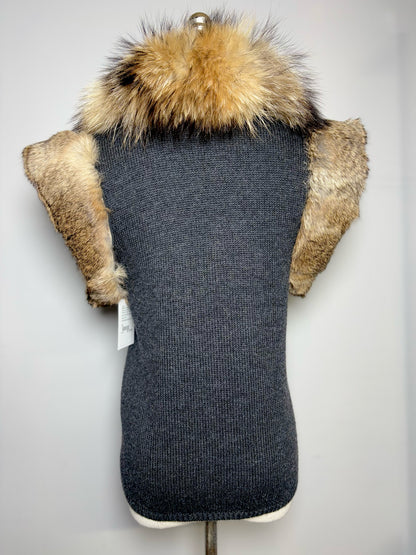 Women Size S Diane Von Furstenberg Charcoal Solid w/Fox Trim Wool Blend Sweater