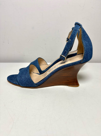 W Shoe Size 38 (8 US) Manolo Blahnik Wedge Heel Blue Cotton Pre-owned Sandals