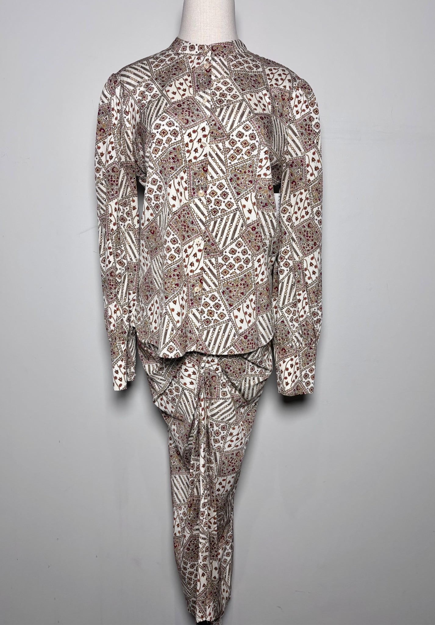 Women Size 8 Veronica Beard Cream Abstract Art Silk, 2-Piece Set