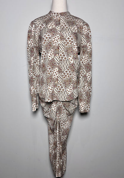 Women Size 8 Veronica Beard Cream Abstract Art Silk, 2-Piece Set