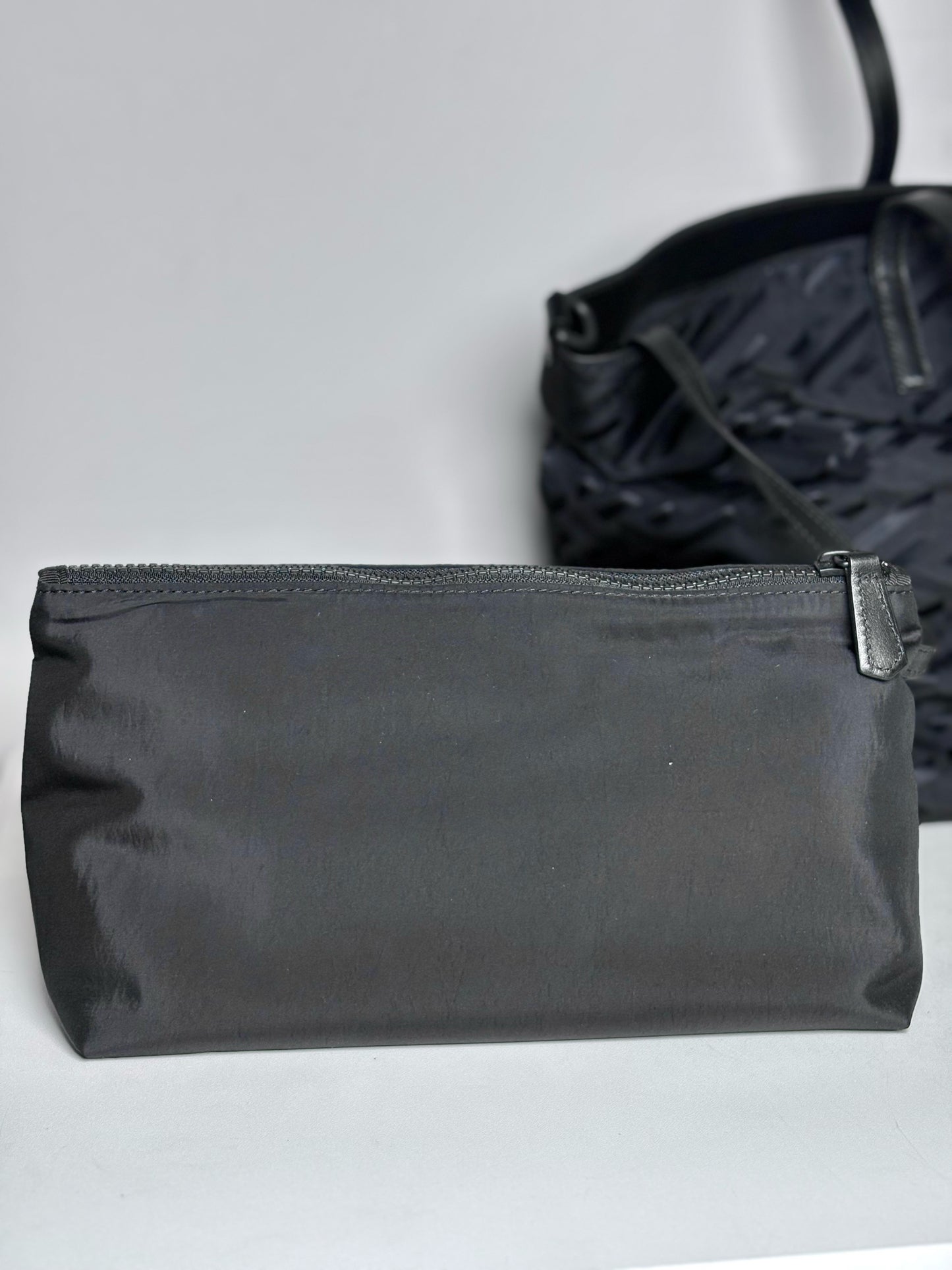 Versace Jacquard, Monogram Nylon Pre-owned Black Leather + Pouch Crossbody Tote