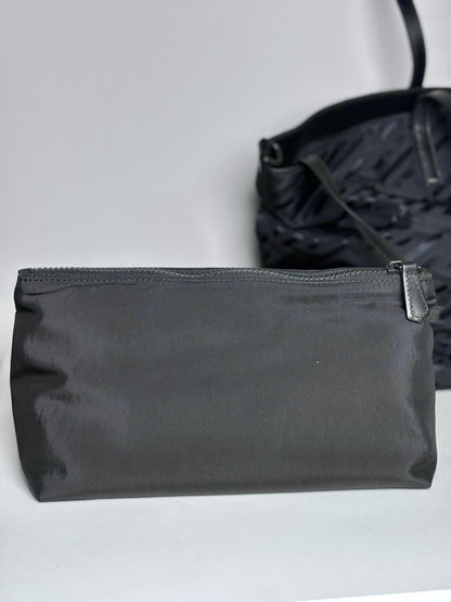 Versace Jacquard, Monogram Nylon Pre-owned Black Leather + Pouch Crossbody Tote