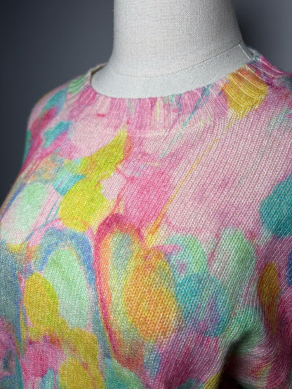 Women's Size S Aqua x Kerri Rosenthal Pastel Multi-Color Watercolor Pure Cashmere Pre-Owned Sweater