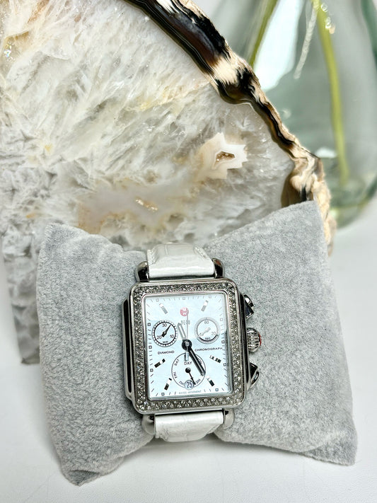 White Michele Watch Diamond White Croc Embossed Leather Watch