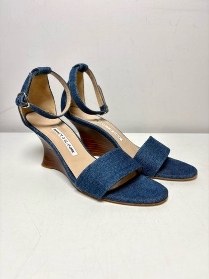 W Shoe Size 38 (8 US) Manolo Blahnik Wedge Heel Blue Cotton Pre-owned Sandals