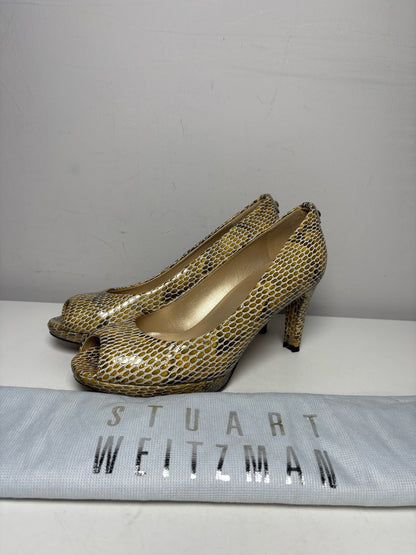 Women's Size 8 Stuart Weitzman Plainfield Yellow Snake Embossed Leather Pre-Owned Heels