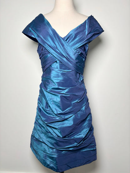 Women Size 8 Rickie Freeman Teri Jon Blue Solid Silk Dress