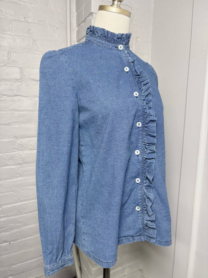 Women Size 34 (2) A.P.C Rue Madame Blue Pinstripe Cotton Ruffle Trim Shirt