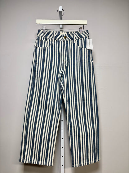 Women Size 38 Sézane Blue & White Vertical Stripe Cotton Blend Pre-Owned Wide-Leg Jeans