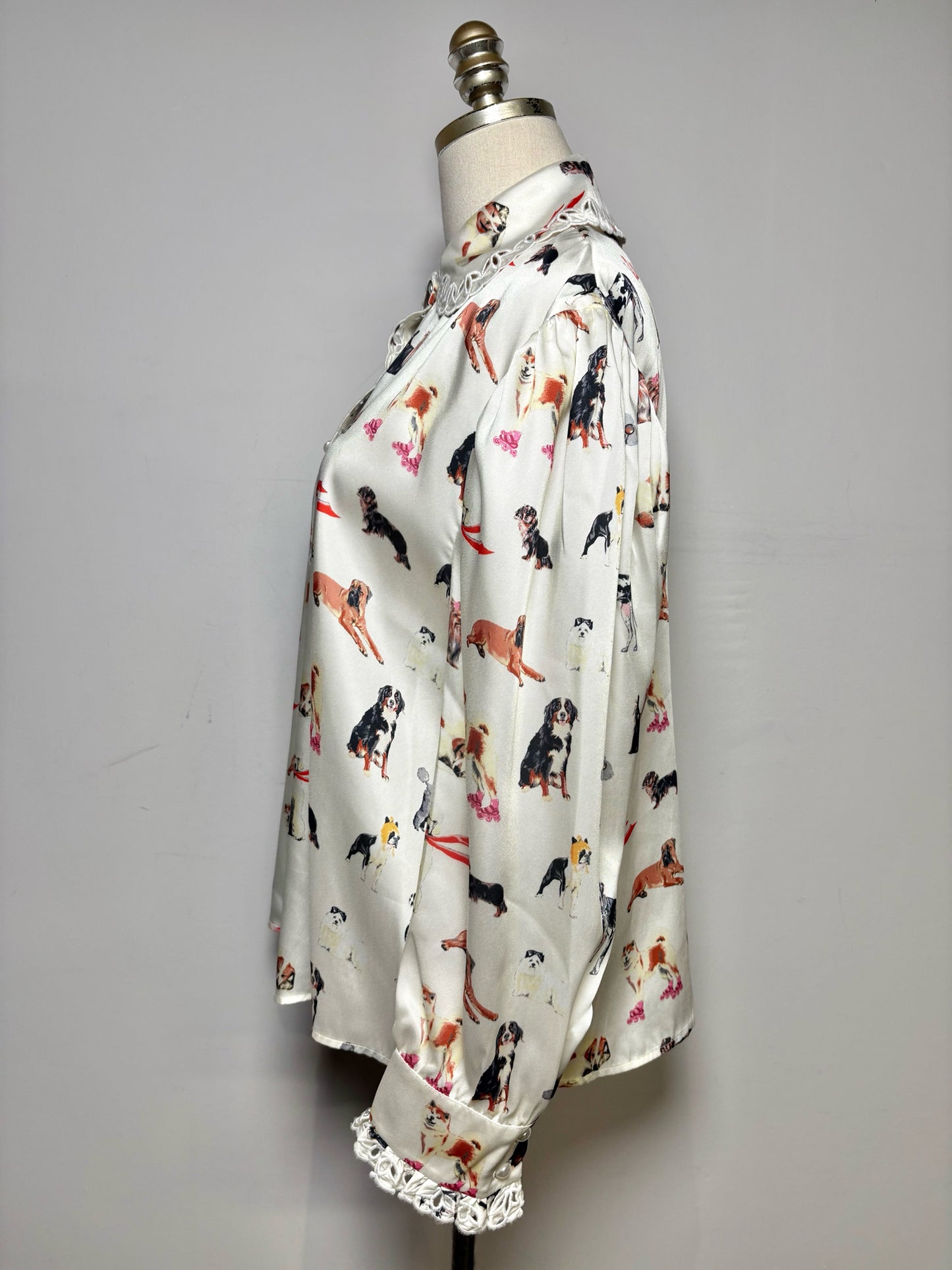 Women's Size 8 Manoush Cream Black & Orange Dog Print Pre-Owned Blouse
