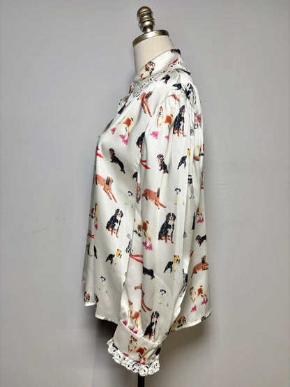 Women's Size 8 Manoush Cream Black & Orange Dog Print Pre-Owned Blouse