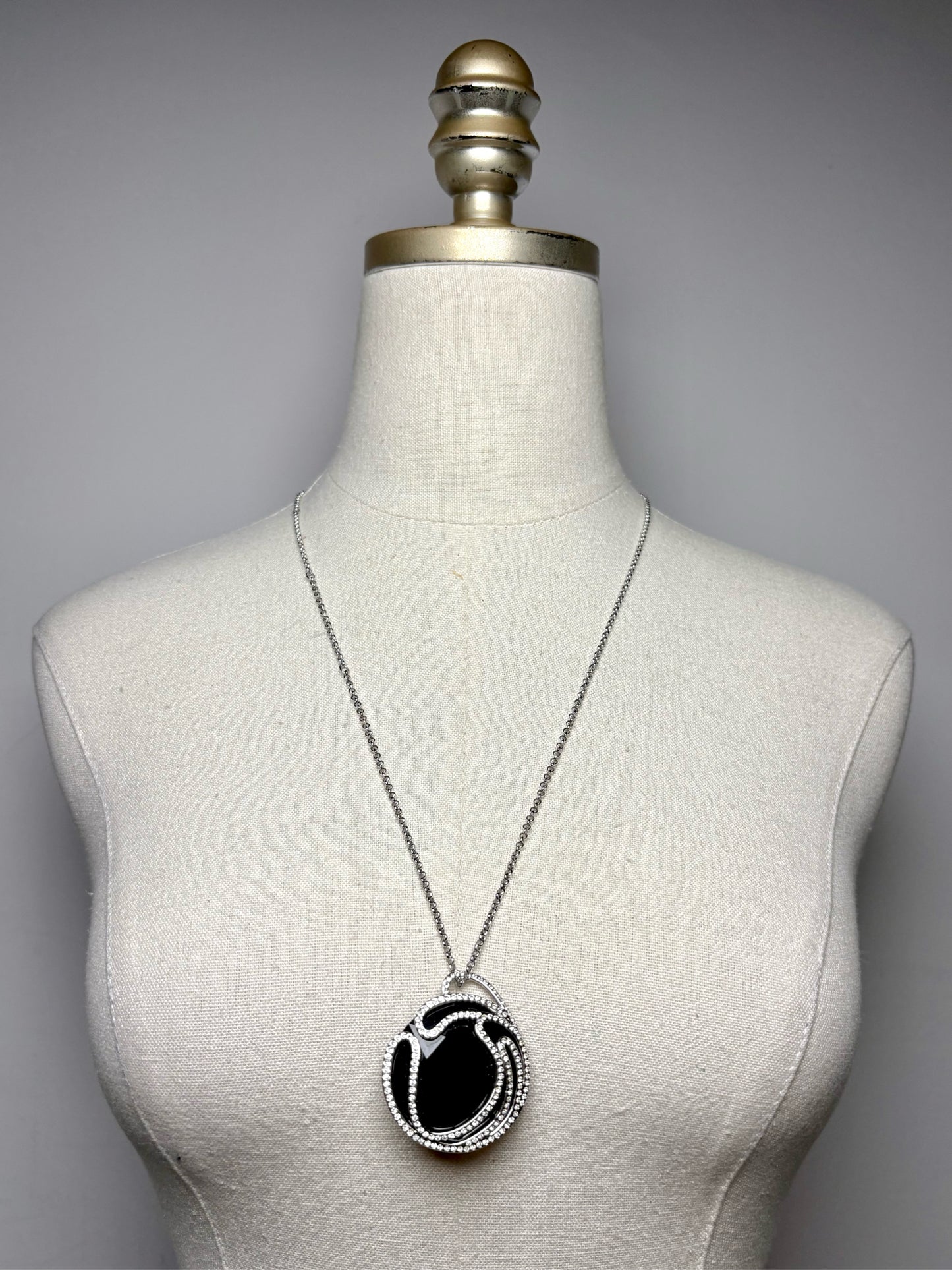 Women's Swarovski Jet Crystal Rhodium-Plated Brass Pre-Owned Circular Pendant Necklace 27.5"