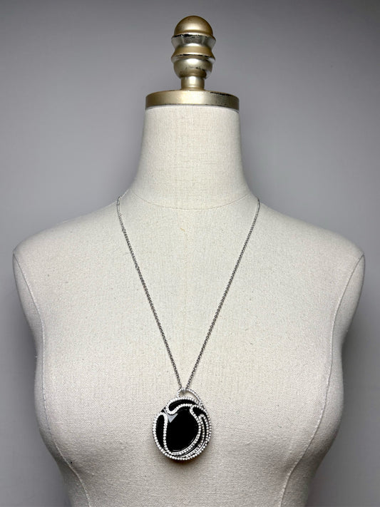 Women's Swarovski Jet Crystal Rhodium-Plated Brass Pre-Owned Circular Pendant Necklace 27.5"