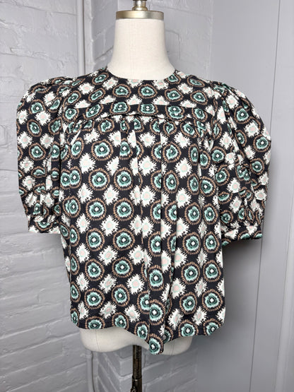 Women Size XS Hunter Bell Black, Mint Green, Peach Abstract Print Cotton Blouse