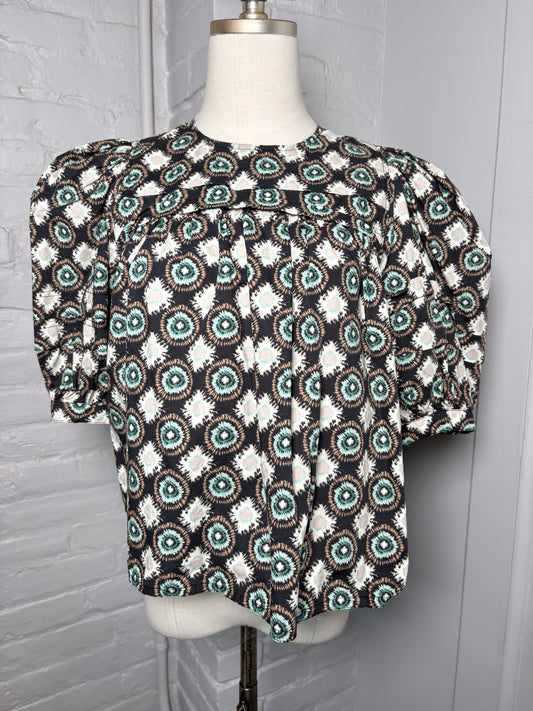 Women Size XS Hunter Bell Black, Mint Green, Peach Abstract Print Cotton Blouse