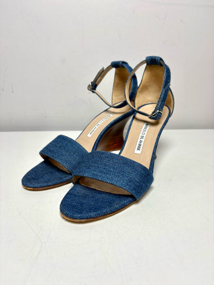 W Shoe Size 38 (8 US) Manolo Blahnik Wedge Heel Blue Cotton Pre-owned Sandals