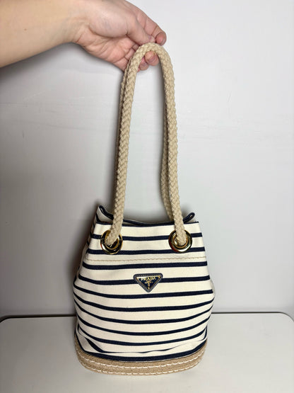 Prada Mariner Canvas Medium Bucket Bag Stripe Cream Pre-owned Purse