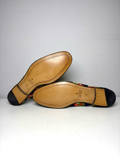 Gucci Brixton GG Blue Satin Print Shoe Sz 8 Men's Loafers NWT Pre-owned