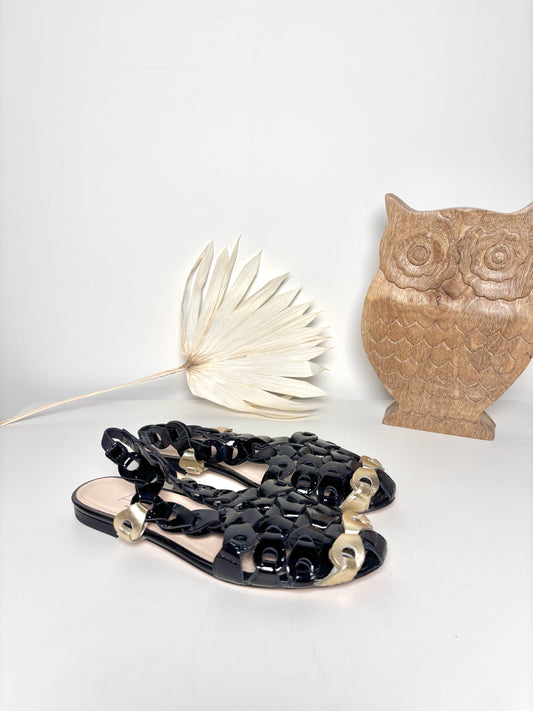 W Shoe Size 37.5 (7.5) AGL Black, Gold Leather Patent Sandals