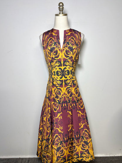 Women Size 4 Wes Gordon Gold, Burgundy, Black Print 100% Silk Pre-owned Dress