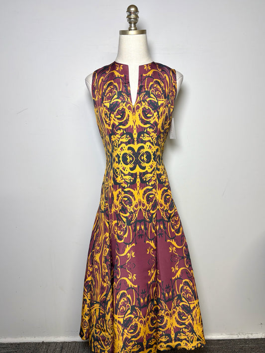 Women Size 4 Wes Gordon Gold, Burgundy, Black Print 100% Silk Pre-owned Dress