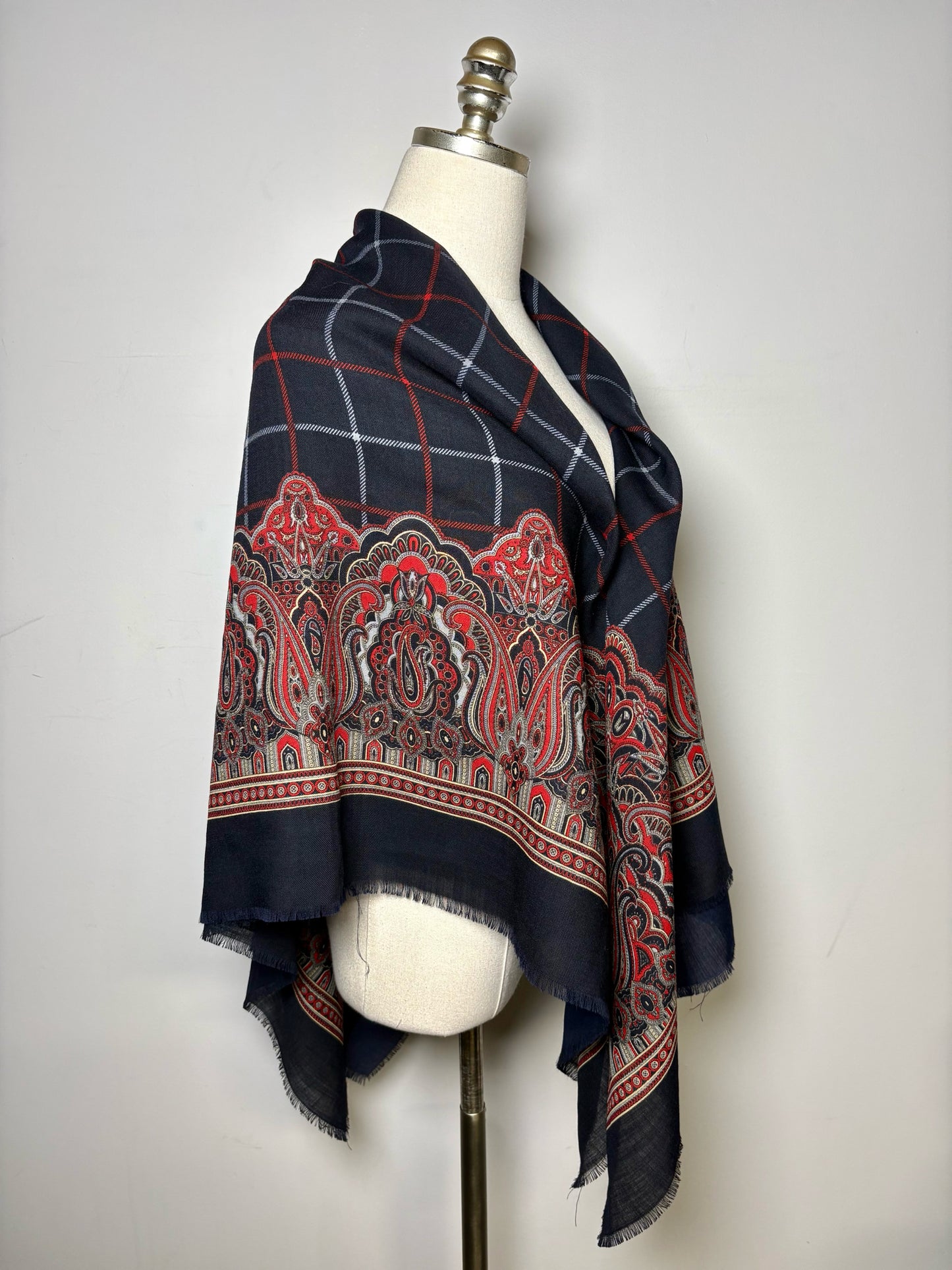 Burberrys' Paisley & Check Pure Wool Vintage RARE Pre-owned Square Navy Scarf