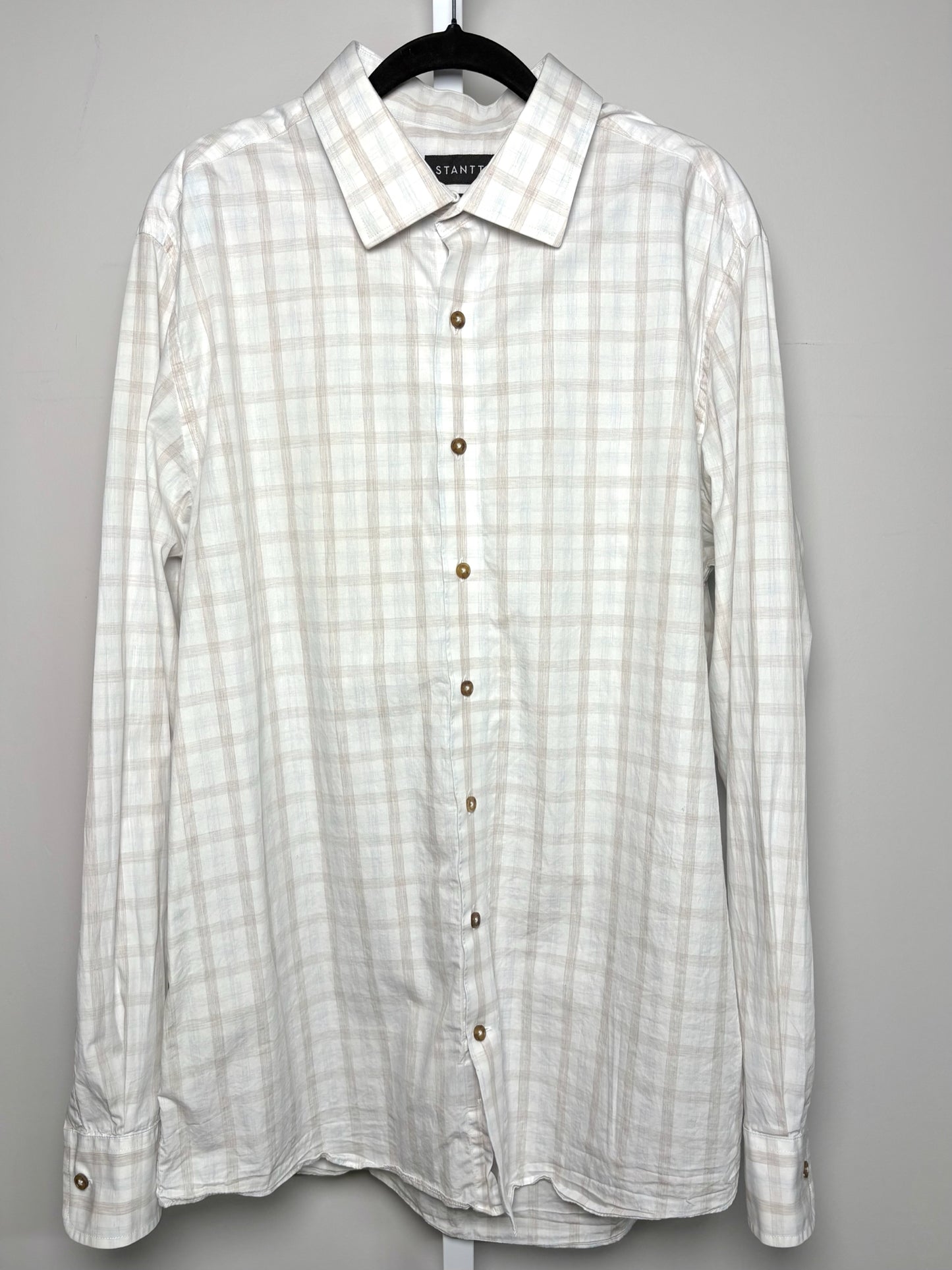 Mens Size XL Stantt Cream Cotton Checkered Men's Shirt