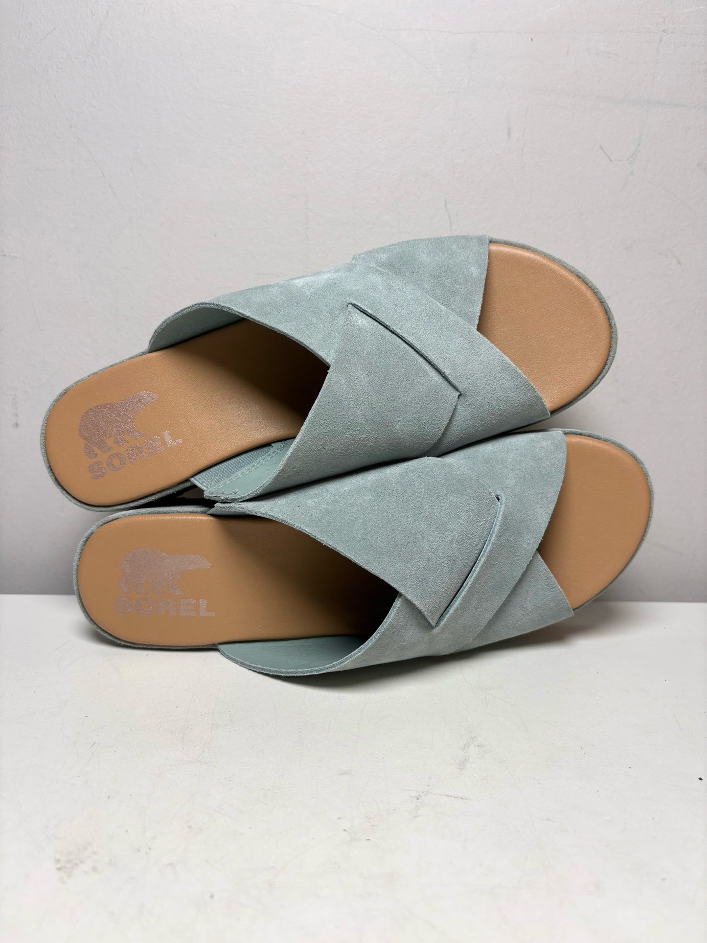 Women Shoe Size 8.5 Sorel Blue Suede & Cork NWT Pre-Owned Cameron Flatform Mule Sandals