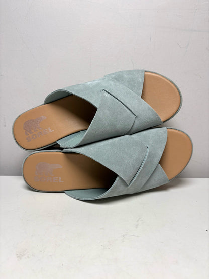 Women Shoe Size 8.5 Sorel Blue Suede & Cork NWT Pre-Owned Cameron Flatform Mule Sandals