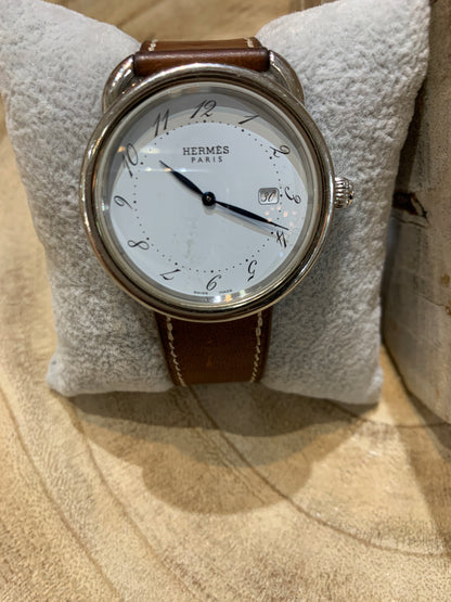 Hermes Round Face Brown Leather Strap Watch