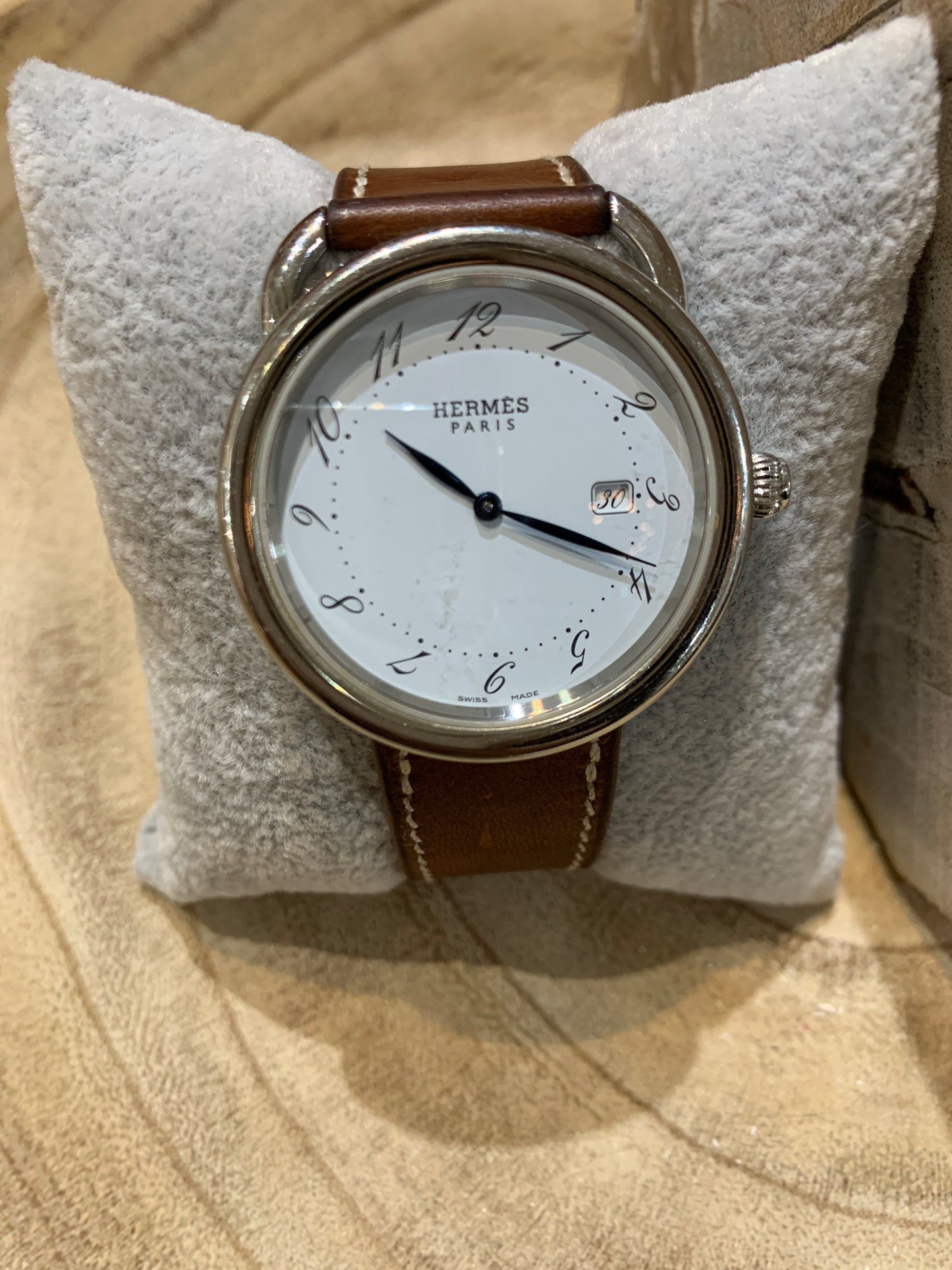 Hermes Round Face Brown Leather Strap Watch