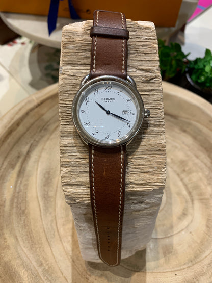 Hermes Round Face Brown Leather Strap Watch