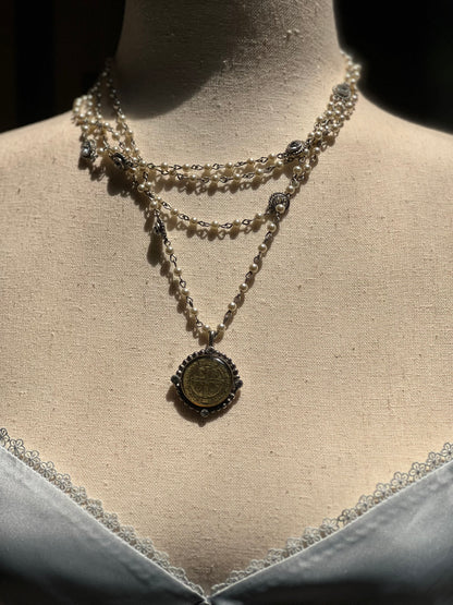 Virgins Saints & Angels Pearls Sterling Silver Medallion Necklace