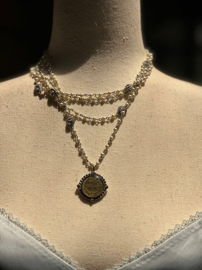 Virgins Saints & Angels Pearls Sterling Silver Medallion Necklace