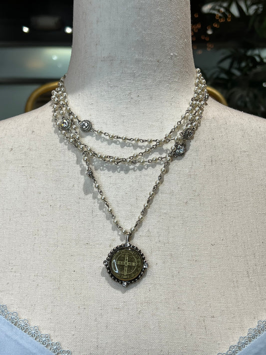 Virgins Saints & Angels Pearls Sterling Silver Medallion Necklace