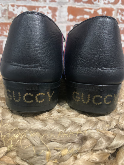 Men's Gucci Spirit Black Leather Oxford "GUCCY" Print, 7.5