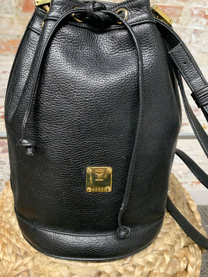 MCM Black Leather Bucket Drawstring Bag