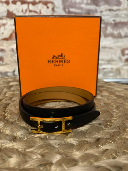 Hermes Gold Leather Behapi Double-tour Bracelet