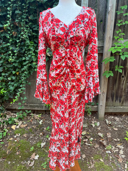 Rixo Red Floral Print Ruffle Maxi Dress Sz Medium